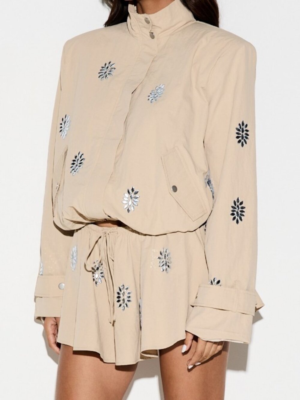 Khaki Oversized Utility Jacket With Rhinestone - Picture 1 of 5